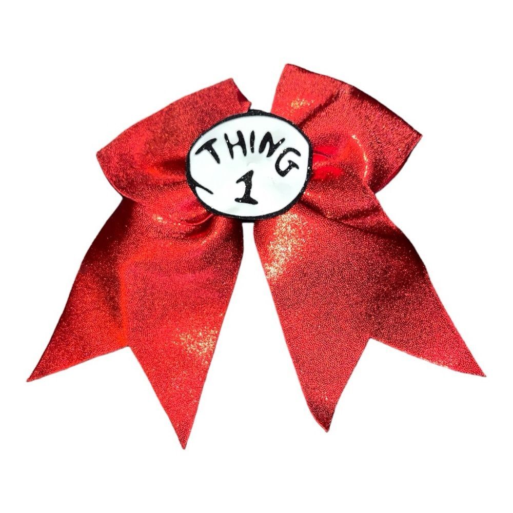 Halloween Costume THING 1 DR SEUSS CHEER BOW Red Glitter Hair Metallic Girls Mom